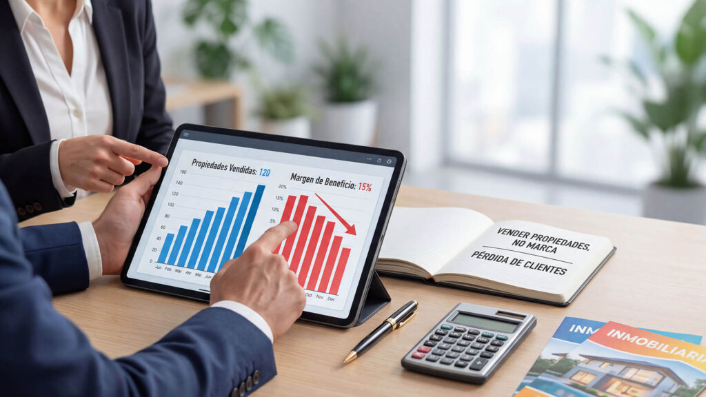Primer plano de dos consultores analizando gráficos en una tableta que muestra la caída del margen de beneficio al vender propiedades sin una estrategia de branding inmobiliario. En la mesa se observa un cuaderno con el texto "Vender propiedades, no marca = pérdida de clientes".