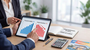 Primer plano de dos consultores analizando gráficos en una tableta que muestra la caída del margen de beneficio al vender propiedades sin una estrategia de branding inmobiliario. En la mesa se observa un cuaderno con el texto "Vender propiedades, no marca = pérdida de clientes".