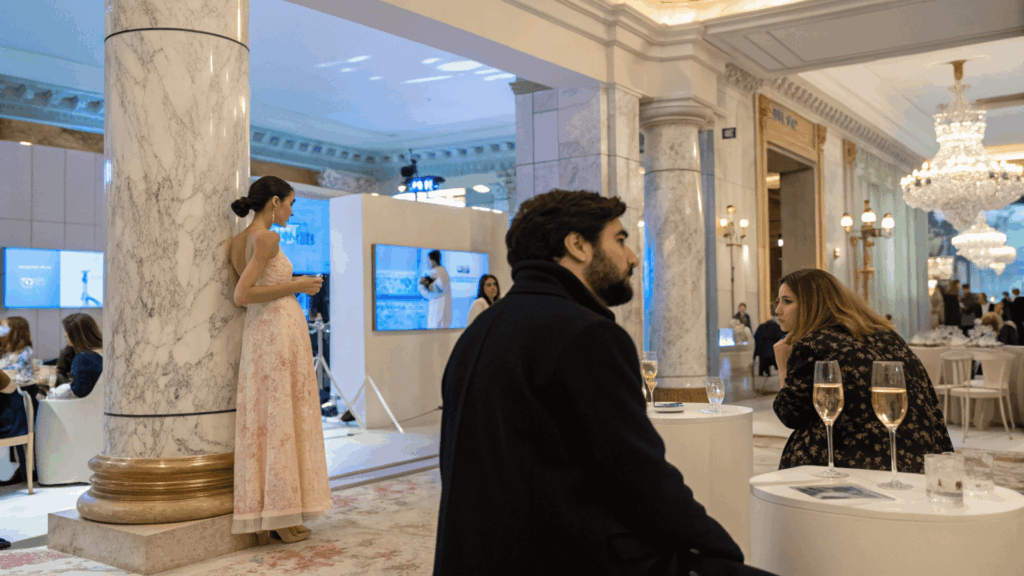 Interior de boutique de lujo contemporánea con pantallas digitales y candelabros en un elegante espacio comercial.