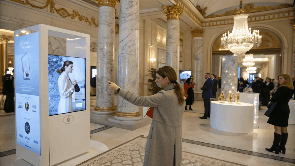 Cliente y asesora de boutique de lujo interactuando con pantalla táctil en mostrador de mármol y vitrinas iluminadas.