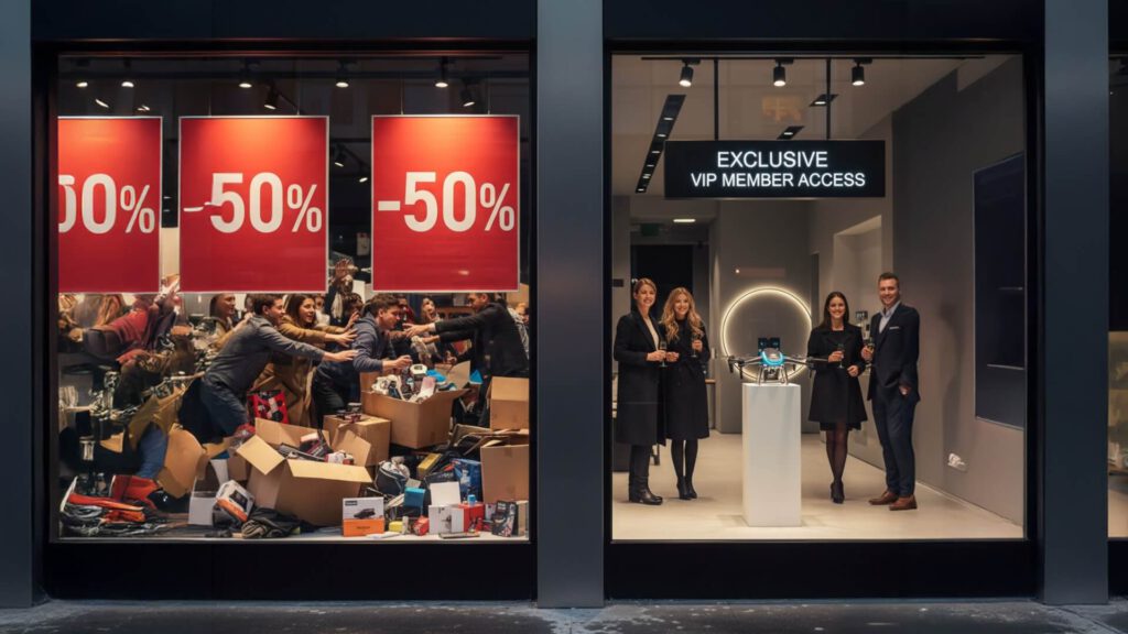 Contraste entre dos escaparates durante el Black Friday: a la izquierda, clientes compitiendo por productos con 50% de descuento; a la derecha, acceso exclusivo para miembros VIP con experiencia de marca premium.