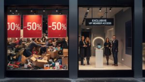 Contraste entre dos escaparates durante el Black Friday: a la izquierda, clientes compitiendo por productos con 50% de descuento; a la derecha, acceso exclusivo para miembros VIP con experiencia de marca premium.