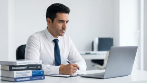 Un ejecutivo con camisa blanca y corbata analiza datos en su portátil frente a una pila de libros de gestión, representando cómo funciona el branding en la práctica para una empresa real.