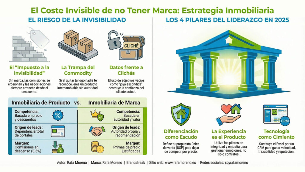 Infografía sobre branding inmobiliario que detalla los riesgos de la invisibilidad y los 4 pilares del liderazgo para 2025. Compara el modelo de inmobiliaria de producto frente al de marca, destacando la autoridad, la recomendación y la justificación de comisiones.