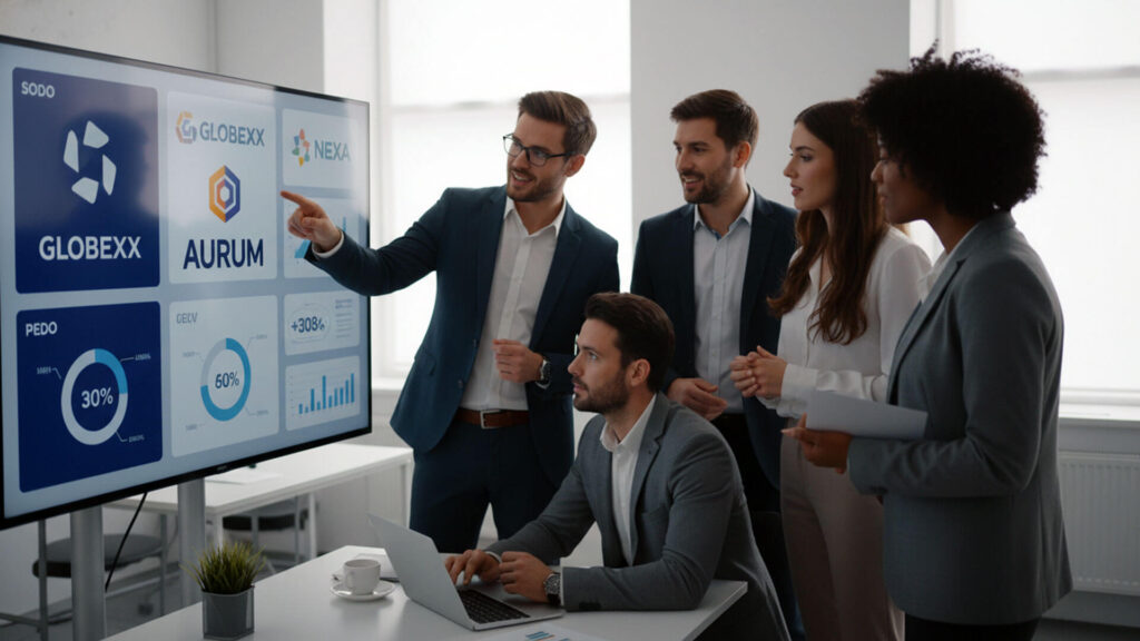 Equipo de profesionales analizando en una pantalla datos, gráficos e infografías sobre cómo el branding influye en la percepción del consumidor durante una reunión de marketing en oficina moderna.