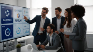 Equipo de profesionales analizando en una pantalla datos, gráficos e infografías sobre cómo el branding influye en la percepción del consumidor durante una reunión de marketing en oficina moderna.