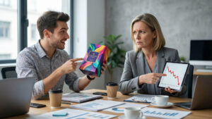 CEO señalando un gráfico de caída de ingresos en una tablet mientras un diseñador le muestra un packaging colorido, ilustrando la desconexión del branding sin objetivo de negocio.