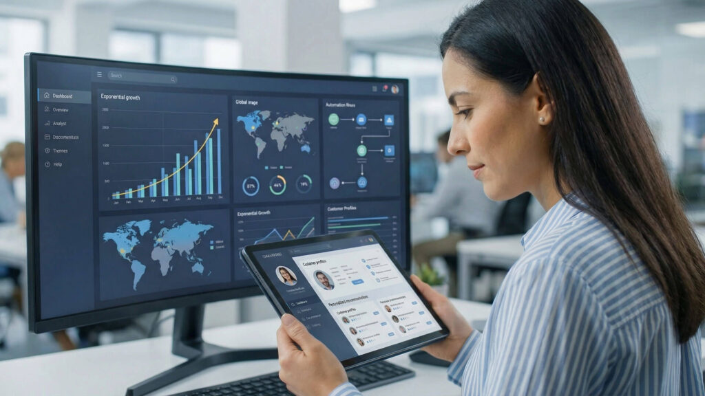 Una analista de marketing revisa paneles de datos de crecimiento exponencial en un monitor grande mientras sostiene una tableta que muestra perfiles de clientes detallados, ilustrando la implementación de branding y personalización basada en datos.