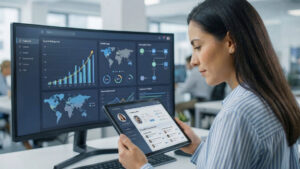 Una analista de marketing revisa paneles de datos de crecimiento exponencial en un monitor grande mientras sostiene una tableta que muestra perfiles de clientes detallados, ilustrando la implementación de branding y personalización basada en datos.