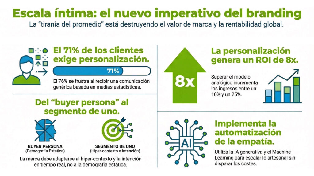 Infografía sobre branding y personalización que muestra que el 71% de los clientes exige personalización, generando un ROI de 8x. Explica el cambio de "buyer persona" a "segmento de uno" y el uso de IA para automatizar la empatía.