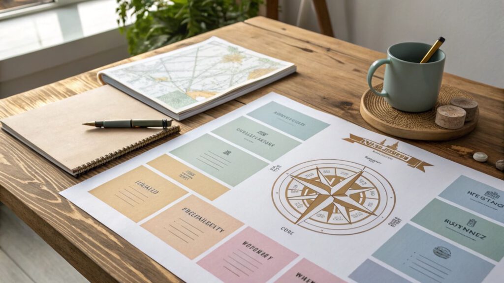 Escritorio de madera con un briefing de branding desplegado: un plano de estrategia con rosa de los vientos, secciones para misión, visión y valores, junto a cuadernos y una taza, representando la preparación de un briefing de branding.