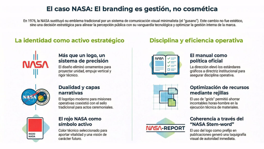 Una infografía detallada que analiza el cambio estratégico del logotipo de la NASA de 1976. Muestra el emblema tradicional y el sistema de comunicación visual minimalista conocido como el "gusano", destacando cómo el diseño elimina ornamentos para proyectar unidad, rigor técnico y eficiencia operativa. Se incluyen ejemplos como el "manual como política oficial" y la "taquigrafía visual" con "NASA Stem-word".