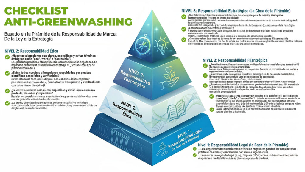 Infografía que muestra la pirámide de responsabilidad de marca y un checklist anti-greenwashing, detallando los niveles legal, ético y estratégico para garantizar la autenticidad de las marcas sostenibles.