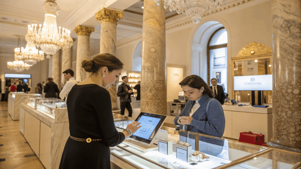 Clienta elegante contemplando expositor de productos de alta gama en una boutique de lujo con columnas de mármol.