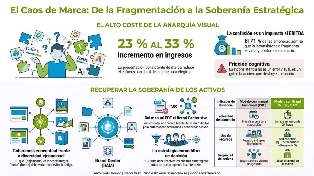 Infografía sobre cómo mantener coherencia de marca cuando trabajas con varias agencias externas mediante un Brand Center.