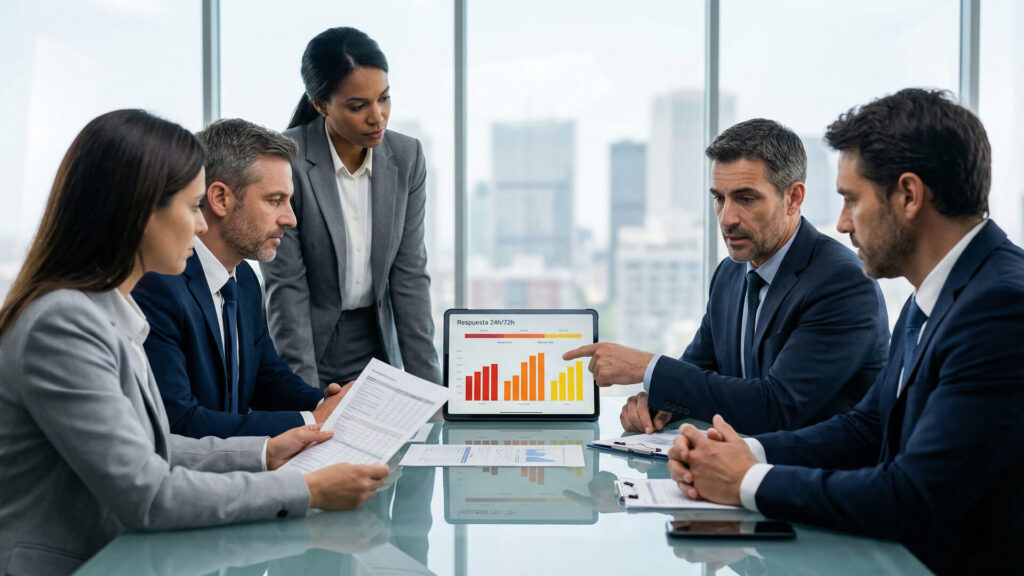 Un equipo directivo en una sala de reuniones analizando gráficos de respuesta en una tablet, ejemplificando la ejecución de un manual de crisis en comunicación para proteger la reputación de marca.