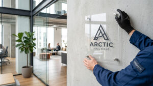 Un operario con guantes de la empresa Logotech instala una placa corporativa transparente de metacrilato con el logotipo y nombre de Arctic Solutions en una pared de hormigón, reflejando el proceso de cómo actualizar la identidad de una empresa sin perder clientes.