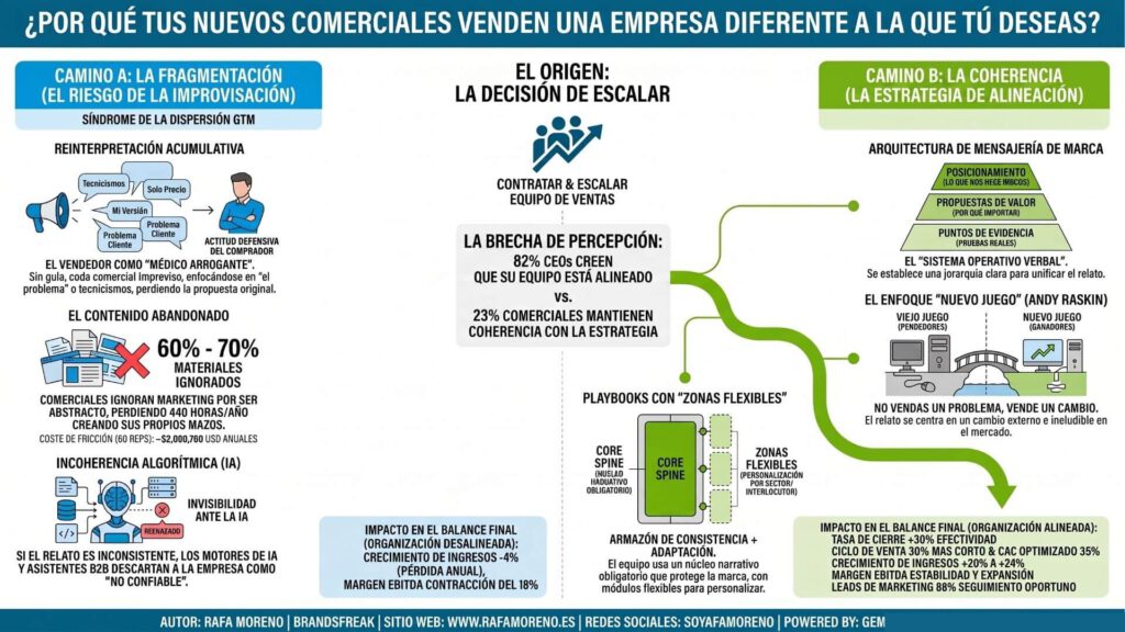 Infografía sobre la estrategia y los pasos clave sobre cómo alinear el mensaje de ventas con la identidad de marca.