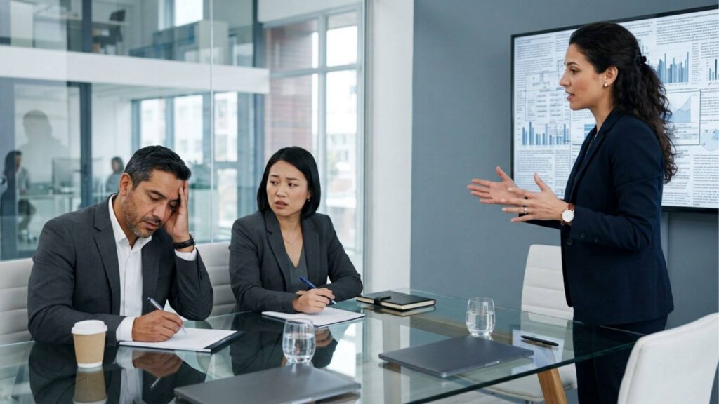Ejecutiva explicando cómo comunicar la propuesta de valor ante su equipo en una reunión corporativa.