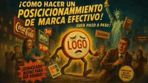 Ilustración estilo vintage con un personaje en forma de logo que corre entre anuncios de marcas conocidas, resaltando la importancia del posicionamiento de marca.