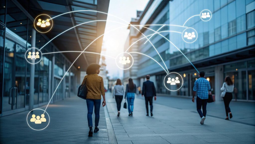 Personas caminando en una ciudad conectadas por gráficos digitales que simbolizan redes de marca en la etapa de post branding.