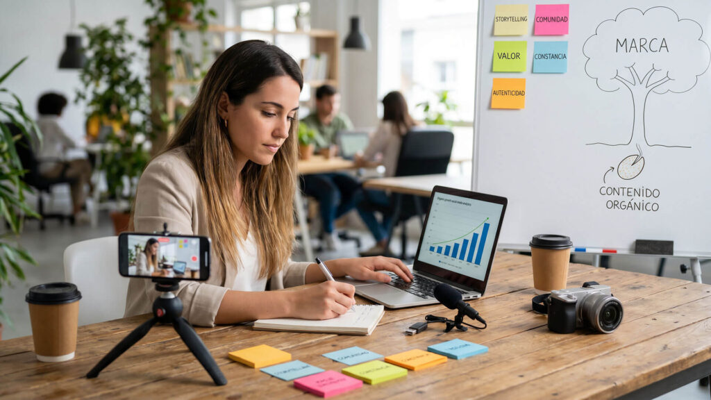 Una creadora de contenido grabando un vídeo con su móvil y trabajando en su portátil para construir una marca desde cero de forma orgánica, con una pizarra al fondo que muestra la estrategia de "contenido orgánico" y "autenticidad".