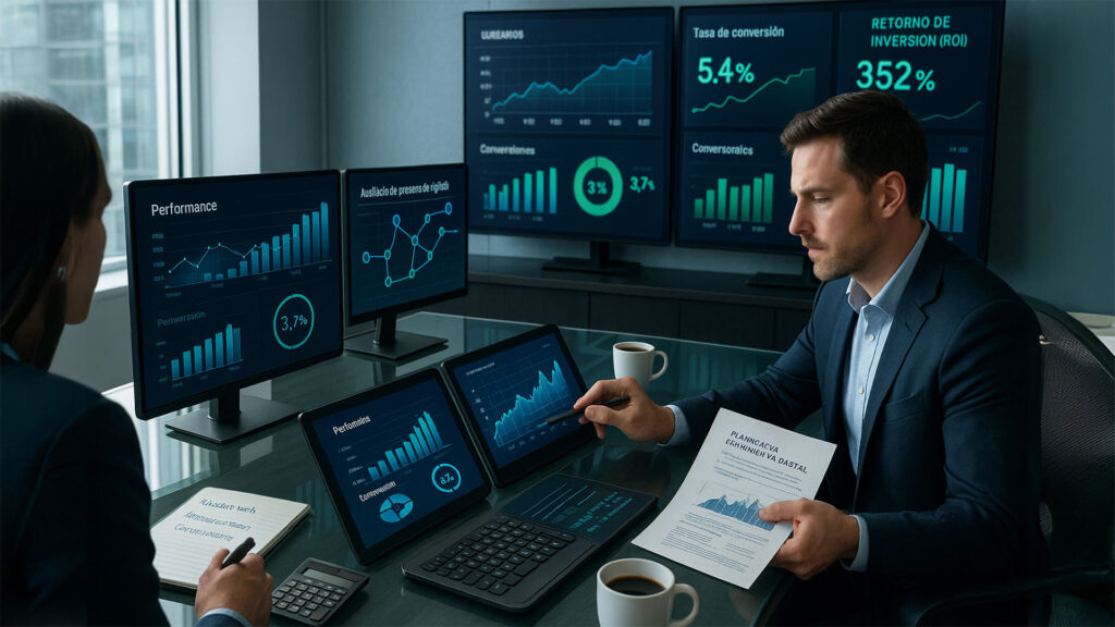 Consultores analizando múltiples pantallas con métricas digitales de conversión y retorno de inversión.