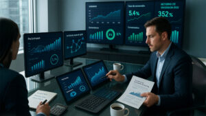 Consultores analizando múltiples pantallas con métricas digitales de conversión y retorno de inversión.