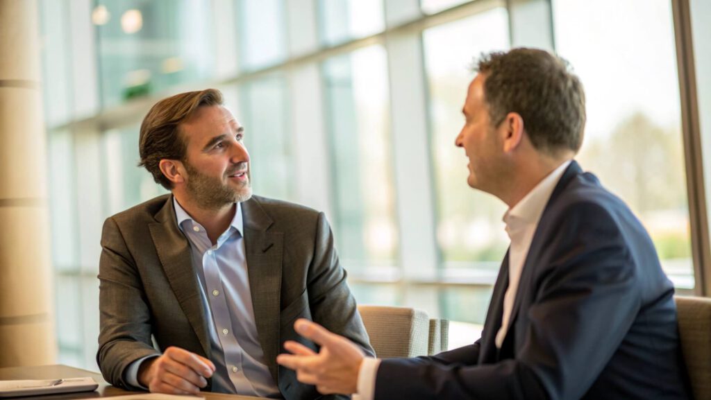 Dos empresarios conversando en una sala moderna con ventanales, representando la conexión cercana en una estrategia de human brand.