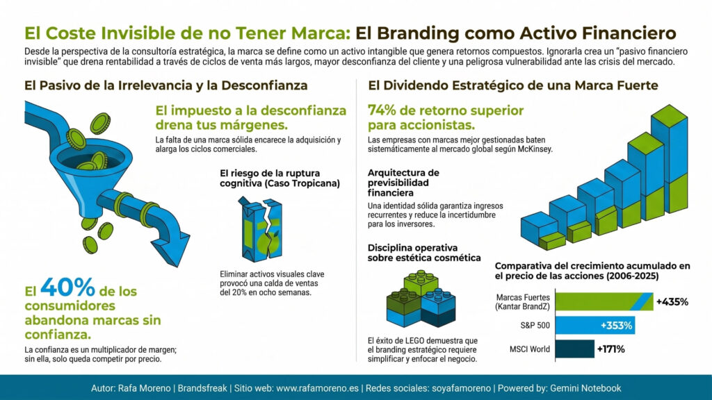 Infografía sobre el coste de no tener marca y el impacto del branding como activo financiero en las empresas.