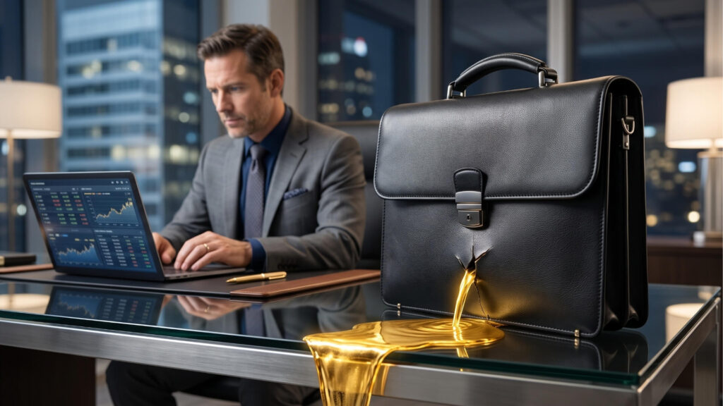 Empresario frente a su portátil observando un portafolio con una fuga de oro, representando el coste de no tener marca.