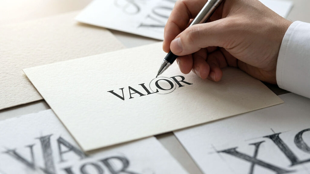 Primer plano de una mano con bolígrafo resaltando la palabra VALOR en un papel de alta calidad, simbolizando la importancia de una comunicación de marca efectiva y cuidada.