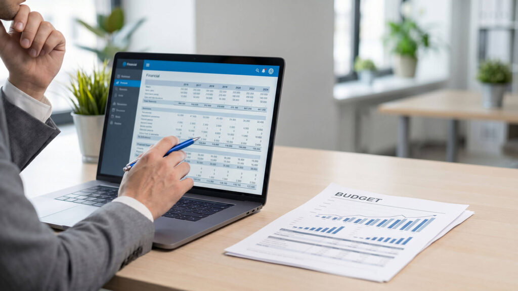 Un profesional trabaja en su despacho con un monitor profesional y bocetos impresos, representando el proceso y coste de rediseñar la imagen corporativa de una empresa.