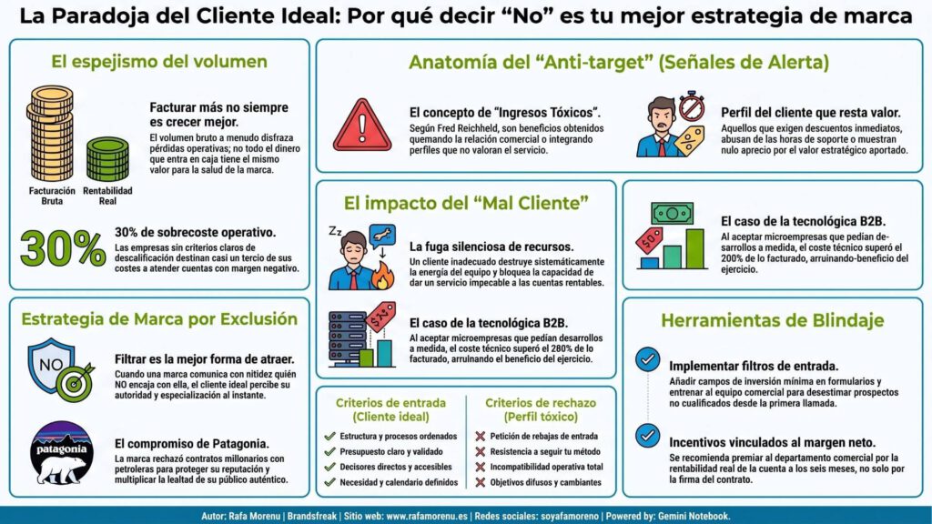 Infografía sobre la paradoja del cliente ideal y las claves para definir el anti target para la estrategia de marca.