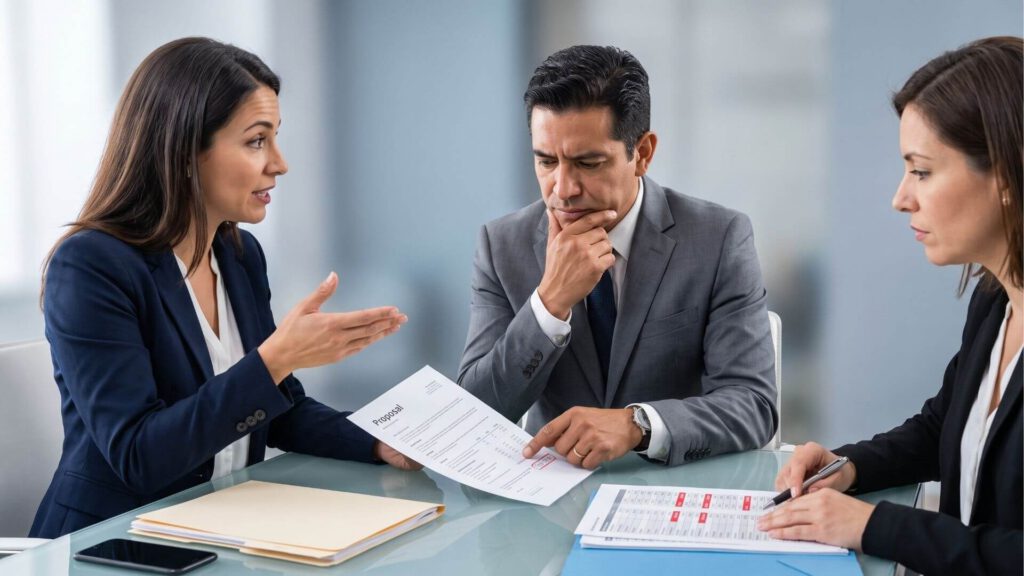 Equipo directivo reunido analizando propuestas y criterios para definir el anti target para la estrategia de marca.