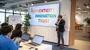 Hombre dando una presentación en una sala de reuniones moderna frente a una pantalla que muestra palabras con las que definir valores de marca, mientras varias personas lo observan.