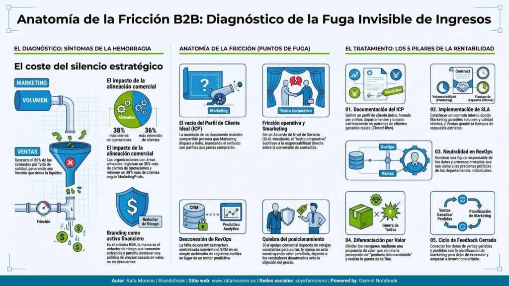 Infografía sobre las fases del diagnóstico de marca B2B y cómo resolver la fuga de ingresos.
