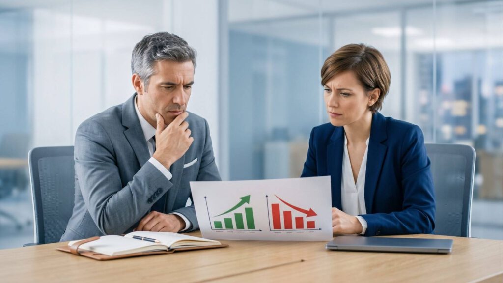Directivos analizando gráficos de rendimiento para realizar un diagnóstico de marca B2B.