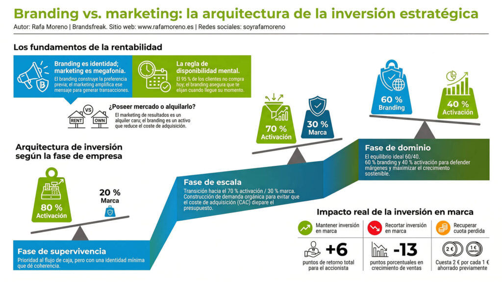 Infografía explicativa sobre la diferencia entre branding y marketing para saber en que debería invertir primero.