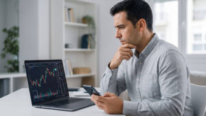 Emprendedor pensativo analizando gráficos de inversión, evaluando la diferencia entre branding y marketing para saber en que debería invertir primero.