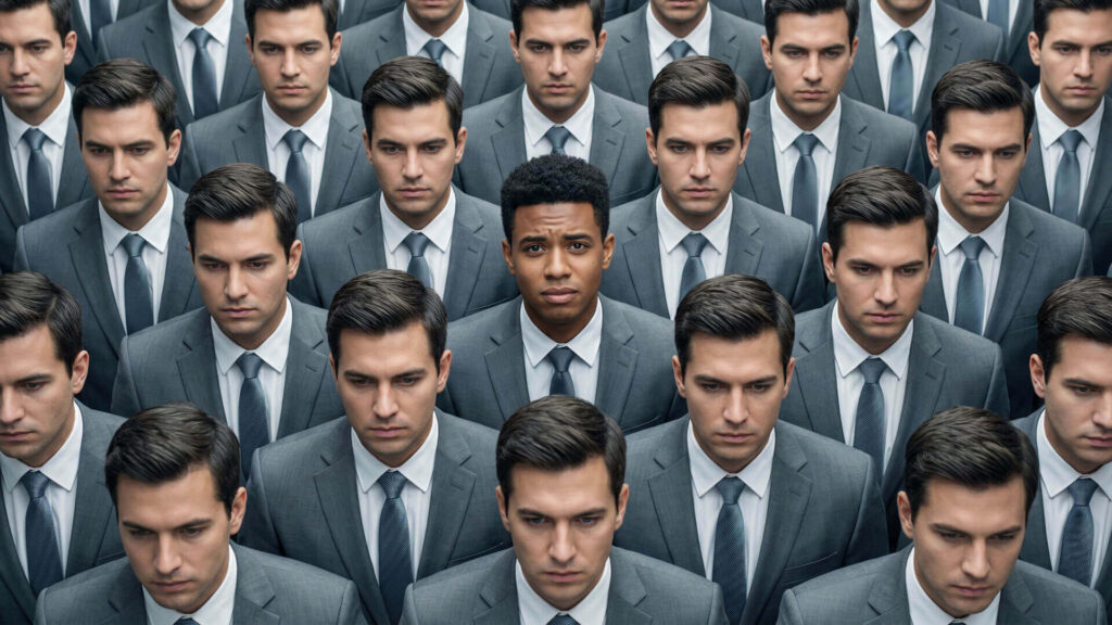 Un hombre con expresión de preocupación destaca ligeramente entre una multitud de profesionales con trajes idénticos, simbolizando la falta de diferenciación cuando la propuesta de valor es invisible.