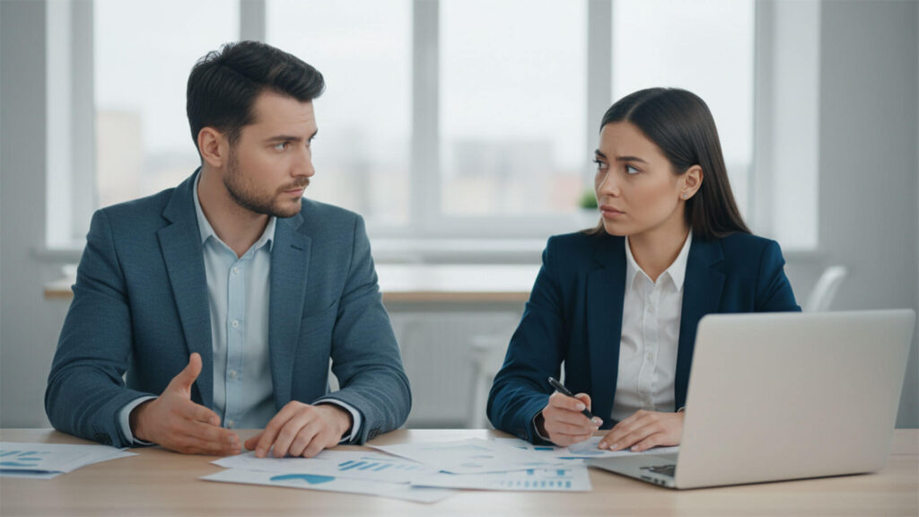 Hombre y mujer de negocios discutiendo preocupados en una oficina, con documentos de análisis sobre la mesa, en el contexto de una conversación sobre valores de marca y lealtad.