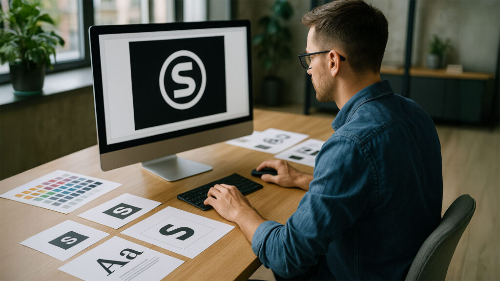 Diseñador gráfico trabajando en el desarrollo de símbolos de marcas en una computadora, con muestras de tipografía y paleta de colores sobre el escritorio.