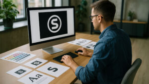 Diseñador gráfico trabajando en el desarrollo de símbolos de marcas en una computadora, con muestras de tipografía y paleta de colores sobre el escritorio.