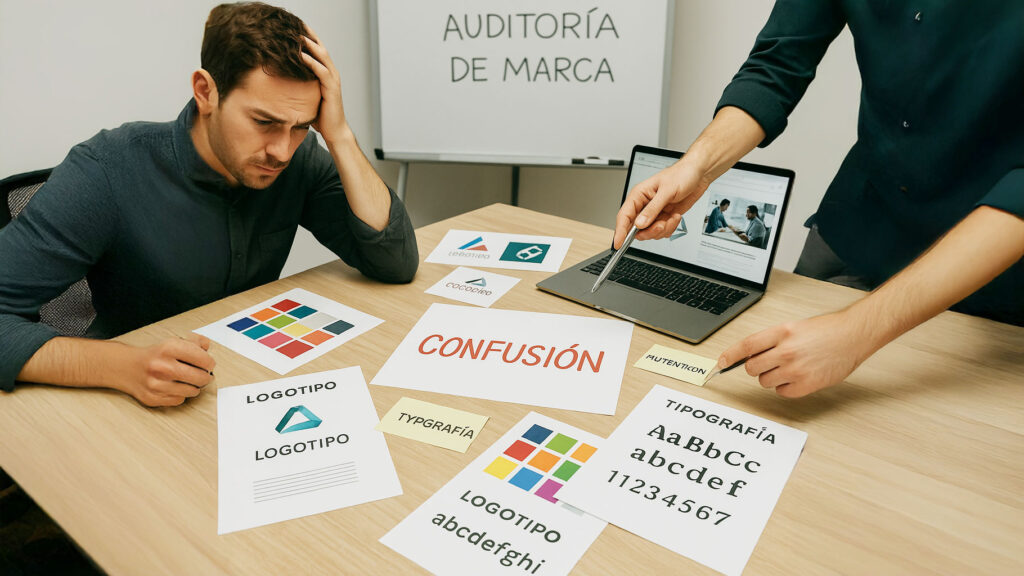 Auditoría de marca mostrando confusión visual entre logotipos, tipografías y paletas de color, con personas analizando problemas en el diseño de marcas.