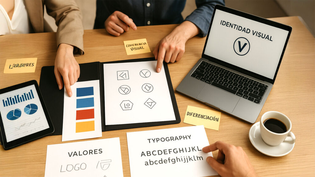 Personas revisando elementos gráficos de identidad visual como logotipos, colores y tipografías en una mesa de trabajo, centrados en el diseño de marcas.