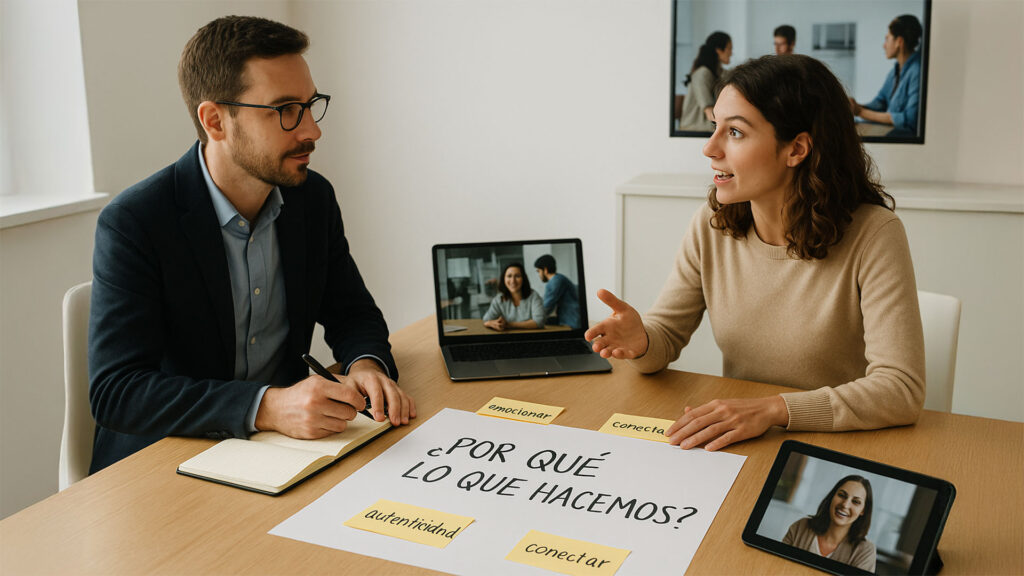Reunión entre dos personas debatiendo el propósito de marca con notas adhesivas que destacan valores como conexión, autenticidad y emoción, relacionados con el diseño de marcas.