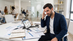 Profesional preocupado analizando informes financieros en su oficina, planteándose por dónde empezar a construir la marca de mi empresa si nunca lo he hecho.