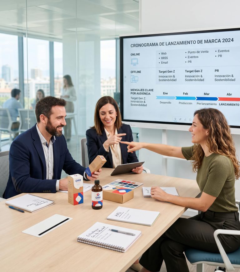 Equipo de marketing revisando el cronograma de lanzamiento, los canales online y offline y el packaging durante la activacion de marca.
