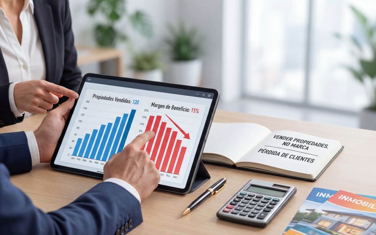 Primer plano de dos consultores analizando gráficos en una tableta que muestra la caída del margen de beneficio al vender propiedades sin una estrategia de branding inmobiliario. En la mesa se observa un cuaderno con el texto "Vender propiedades, no marca = pérdida de clientes".